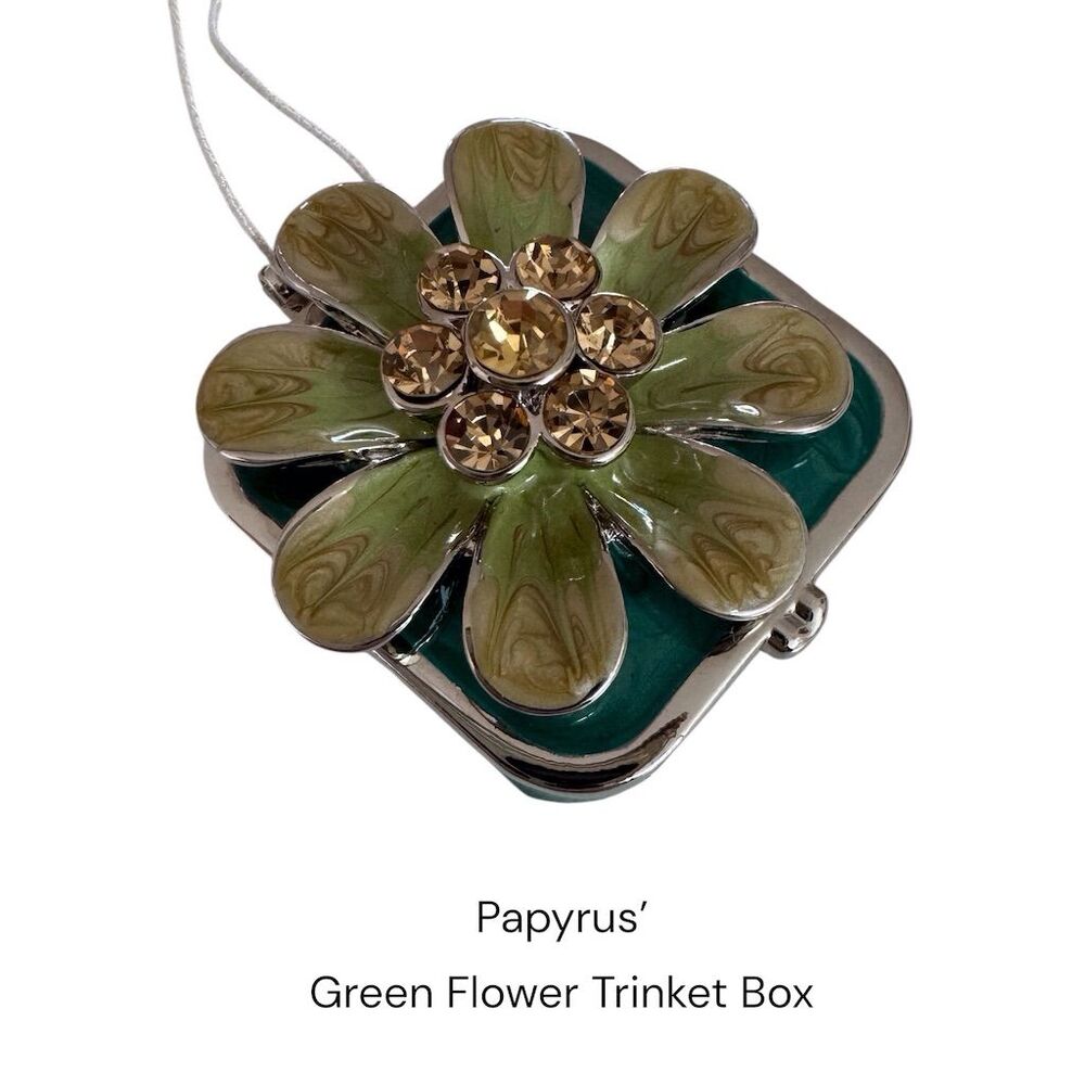 Papyrus Green Flower Trinket Box with Rhinestones and pouch
